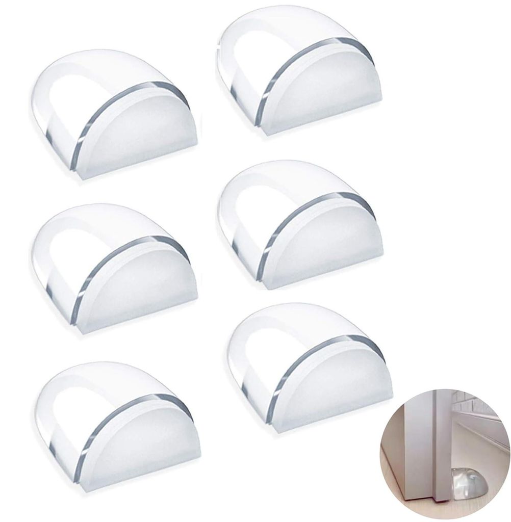 Set mit 6 selbstklebenden, transparenten Türstoppern zum Schutz von Wänden und Möbeln vor Türen und Böden. Geeignet für alle Hartböden.