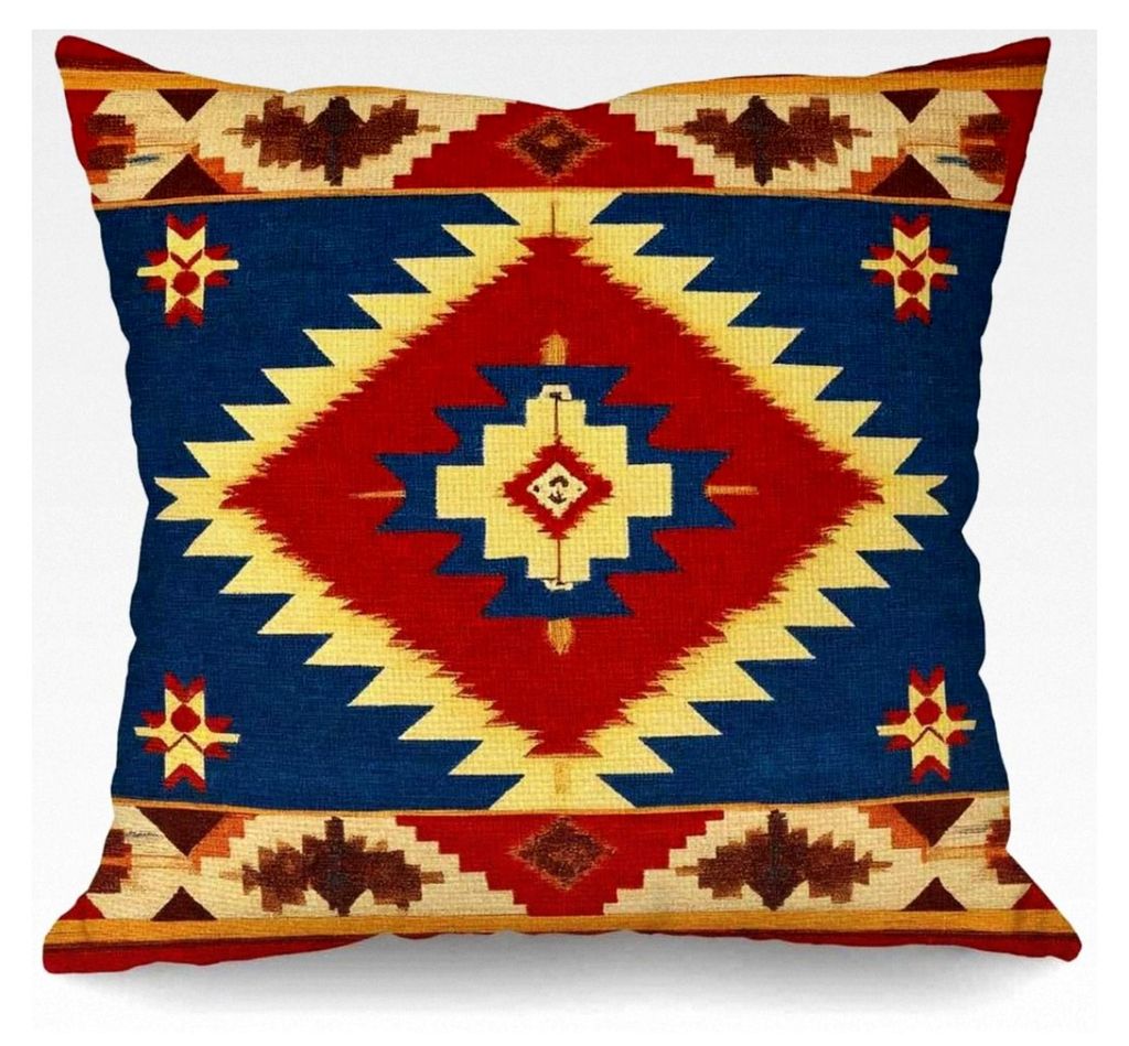 Vintage Southwest Kissenbezug, Baumwoll-Leinen, quadratisch, Standard-Heimdekoration, Blau, Rot