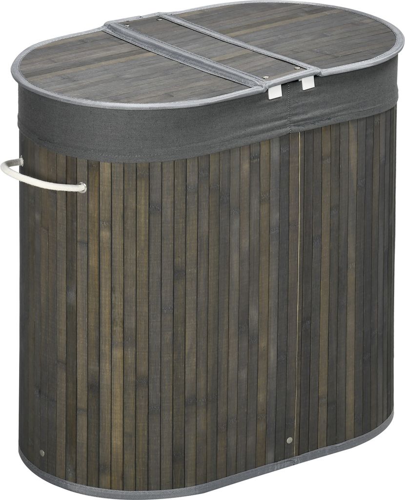 HOMCOM Bambus Wäschekorb mit Deckel 100L Wäschesammler mit Griffen, 2 herausnehmbarer Wäschesack, Wäschesortierer Wäschebox, Grau