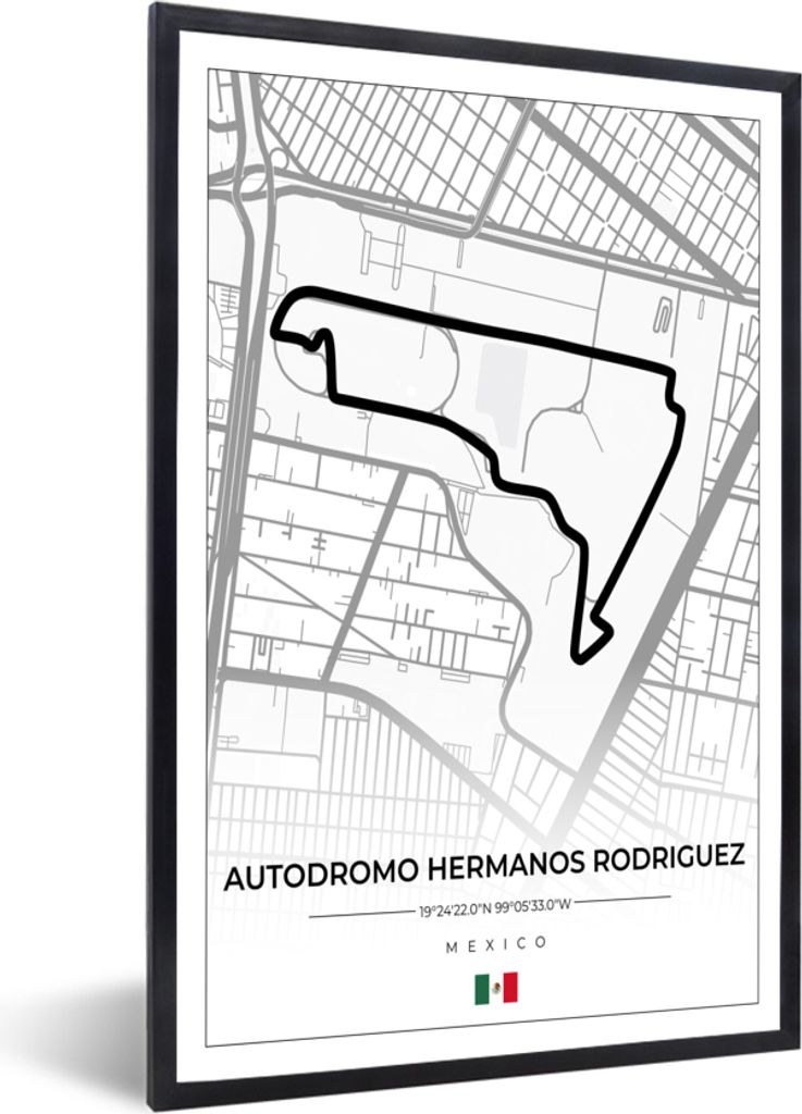 MuchoWow Gerahmtes Poster Mexiko - Rennstrecke - Autodromo Hermanos Rodriguez - Formel 1 - Rennen - Weiß 60x90 cm - Poster mit Schwarzem Bilderr...