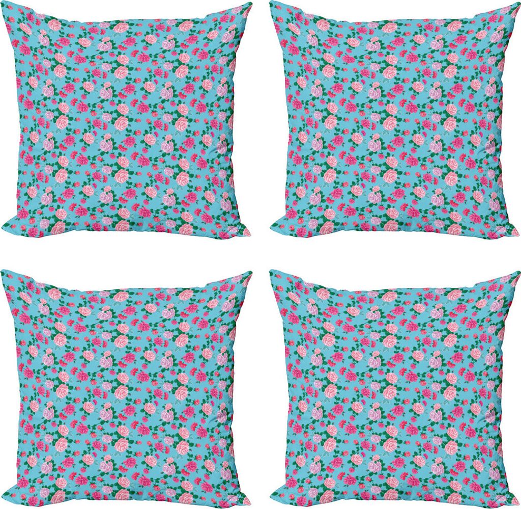 ABAKUHAUS Vintage Rose Kissenbezug Set (4 Stück), Blumen Arrangement, Moderner Doppelseitiger Digitaldruck, 40 cm x 40 cm, Aqua-Rosa