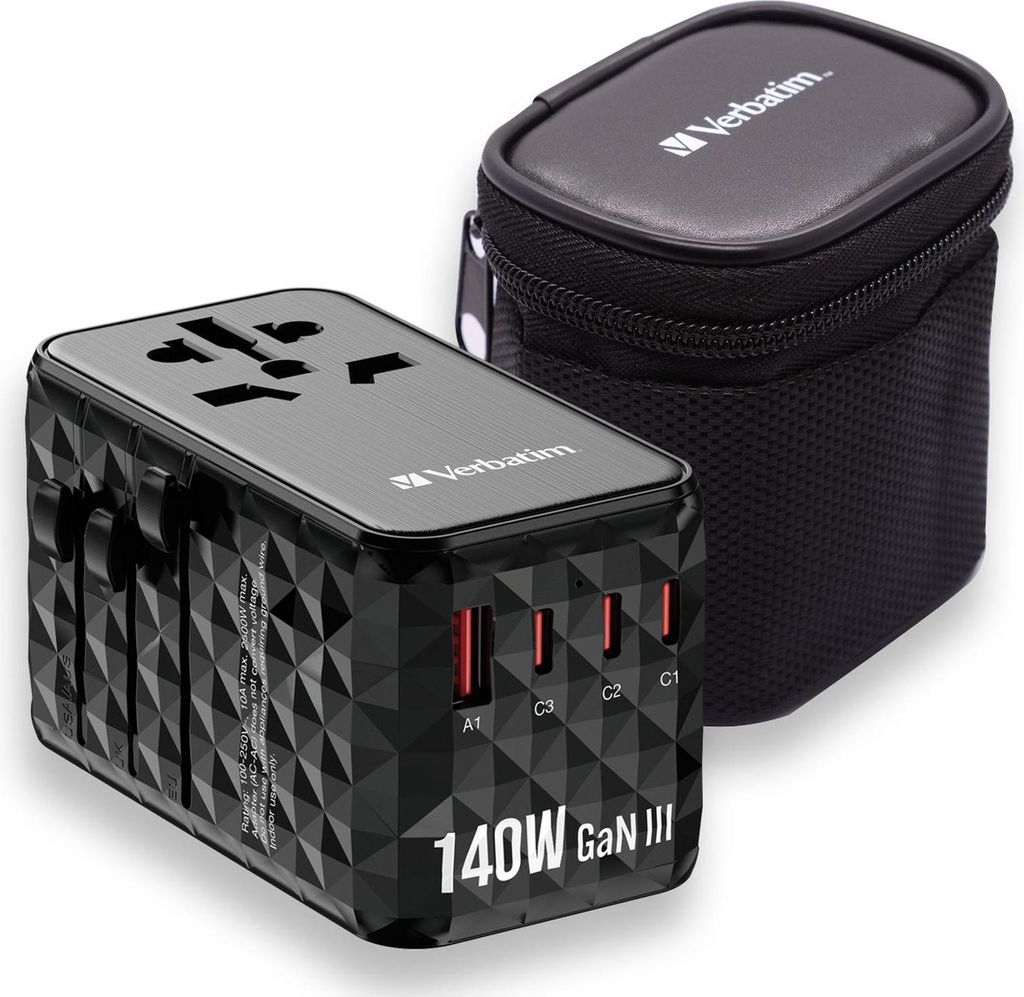A black Verbatim universal travel adapter with multiple USB ports and a black carrying case.
