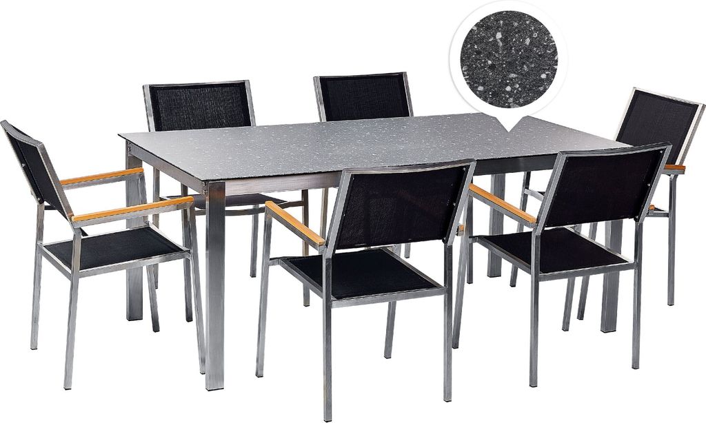 BELIANI Gartenmöbel Set 7-Teilig Schwarz Edelstahl 6 Stühle Polyester Tisch 180x90 cm Sicherheitsglas Keramik Gartenausstattung Terrasse Outdoor ...