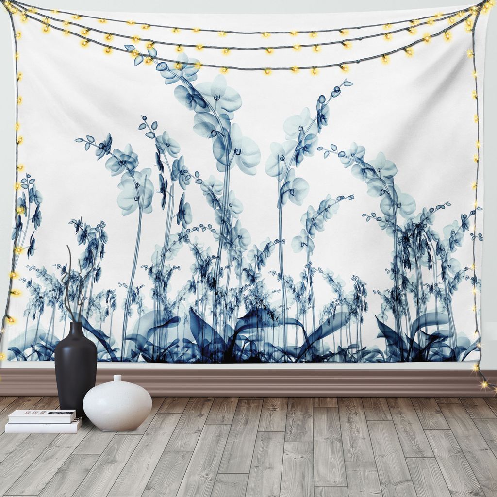 ABAKUHAUS Blumen Wandteppich, Wild Orchid Blumen, Wohnzimmer Schlafzimmer Wandtuch Seidiges Satin Wandteppich, 150 x 100 cm, Teal weiß