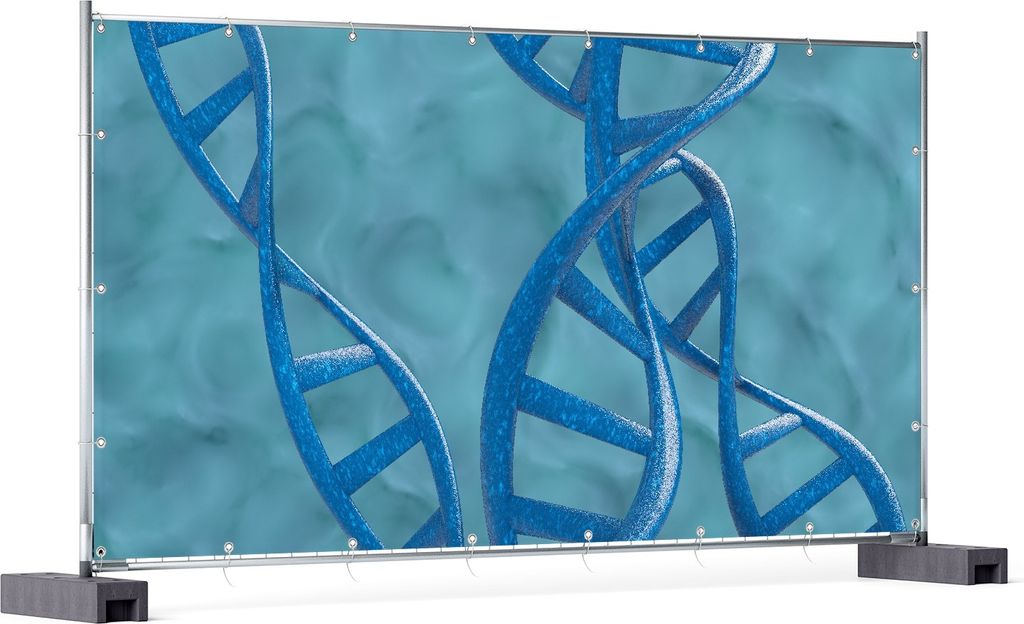 Wallario XXL Outdoor-Poster für Garten oder Balkon, Motiv DNA-Strang in blau auf türkisem Hintergrund, in ca. 340 x 173 cm