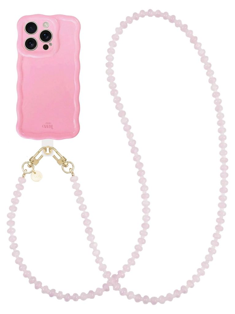 Glossy Wavy Hülle Bubble Blush - Dusty Pink Cord (Lange Handykette) - Kompatibel mit iPhone 16 Pro