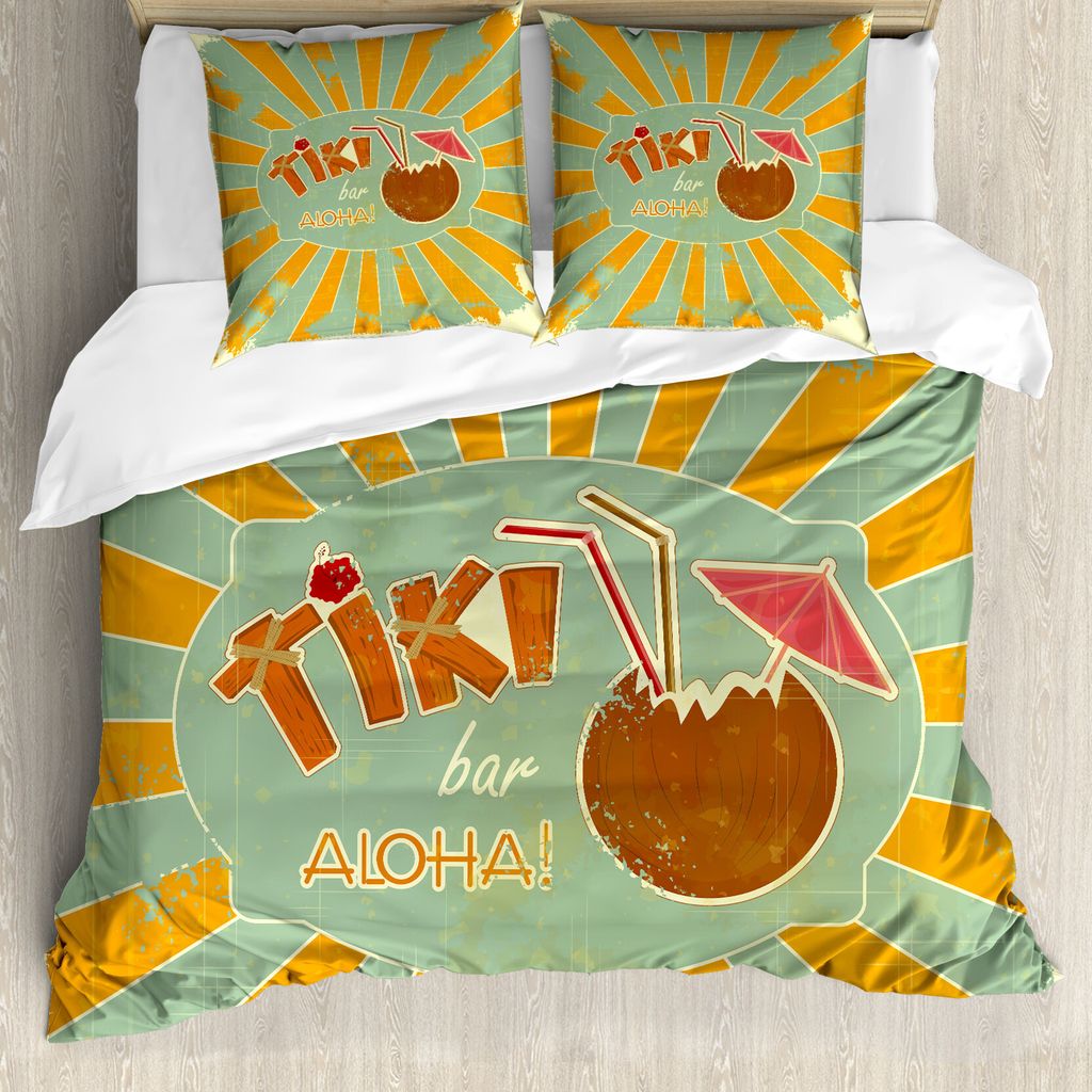 ABAKUHAUS Tiki Bar Bettbezug, Aloha-Spaß-Party, Milbensicher Allergiker geeignet mit Kissenbezügen, 200 cm x 200 cm - 80 x 80 cm, Almond, Grün, ...