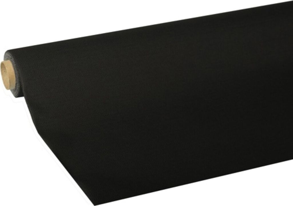 A roll of black fabric on a cardboard tube, with the fabric unrolling to the right.