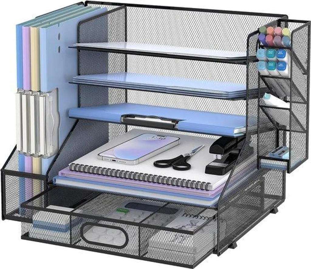 Organiseur de bureau noir multi-rangements, 5 compartiments et un tiroir