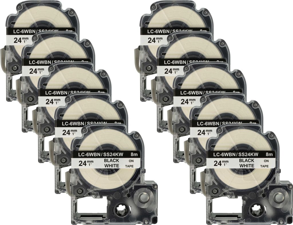 vhbw 10x Schriftband-Kassette kompatibel mit Epson LabelWorks LW-1000P, LW-600P, LW-500, LW-400, LW-300 Etiketten-Drucker 8m x 24mm Schwarz auf Weiß
