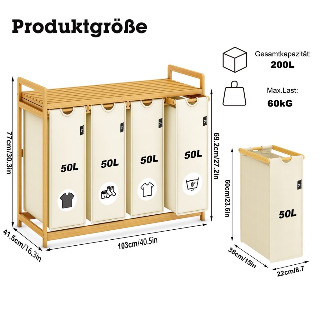 AdelDream - Cesto portabiancheria in bambù, 80 l, per bagno e camera da letto, con sacco per la biancheria estraibile, colore: Beige