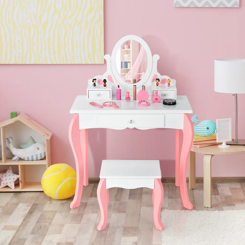 COSTWAY Tavolino da toilette per bambini con sgabello, tavolino da toilette per principesse con 3 cassetti e specchio girevole a 360 gradi, tavolino da toilette rosa, tavolino da trucco per ragazze (bianco) - 2