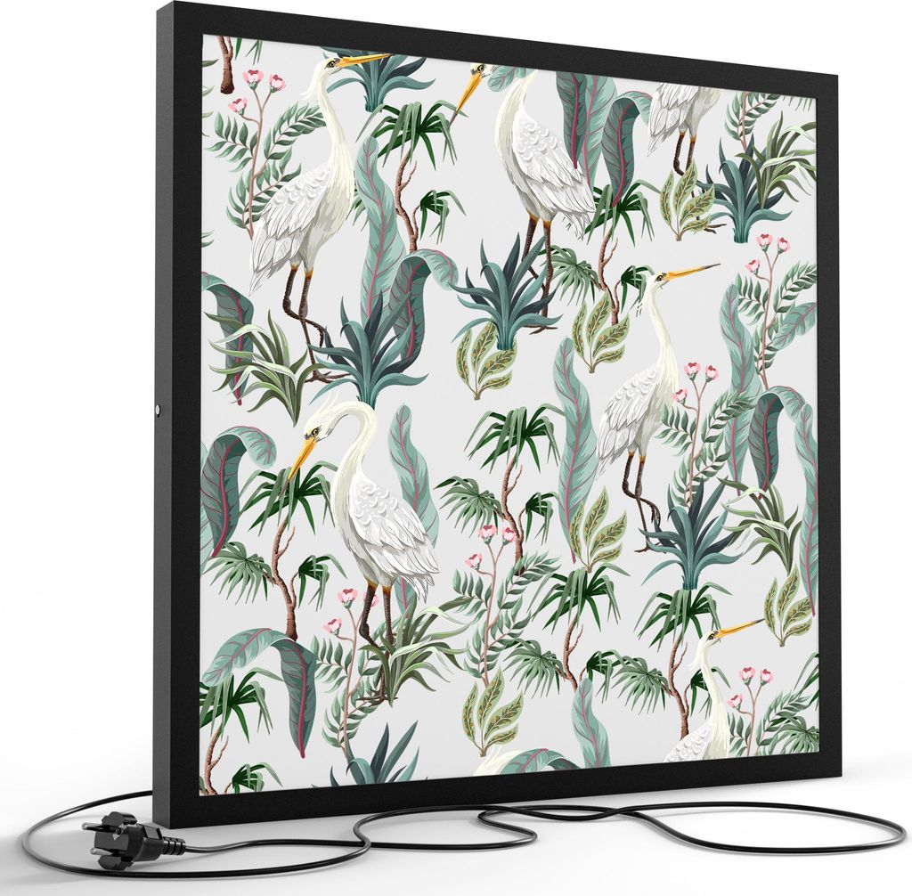 DEQORI LED-Bild & Lampe 60x60 cm Schwarz 'Tropenidylle und Reiher' Leuchtbild LED Leuchte
