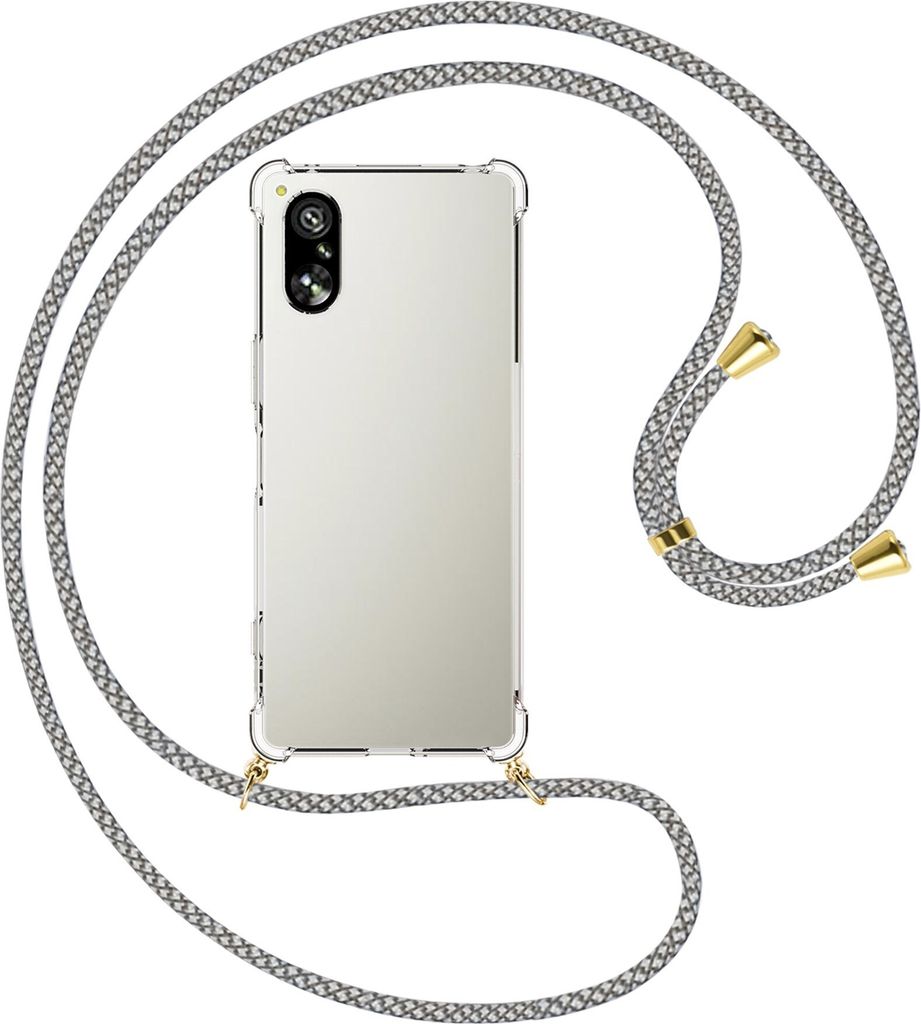 Handykette Backcover-Schutzhülle mit Band (Metall goldfarben) für Sony Xperia 5 V (6.1'') - weiß/grau kariert