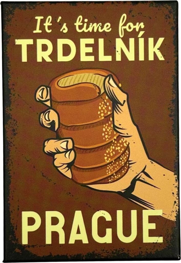 Retro Metall Kühlschrankmagnet Souvenir mit Prag und Trdelnik Motiv, 8 x 5,5 cm