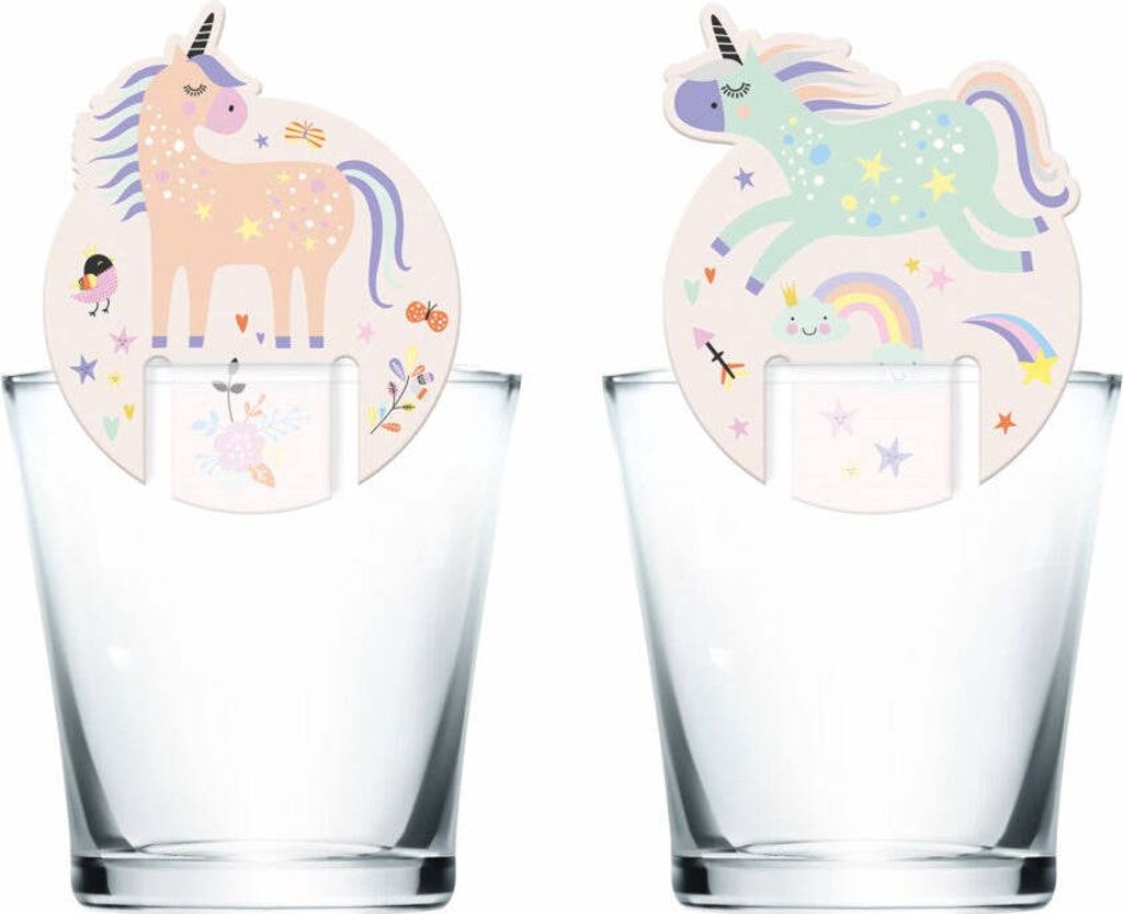 Glasmarkierer Einhorn Glady 6 Stück beidseitig bedruckt zwei Designs für Kindergeburtstag