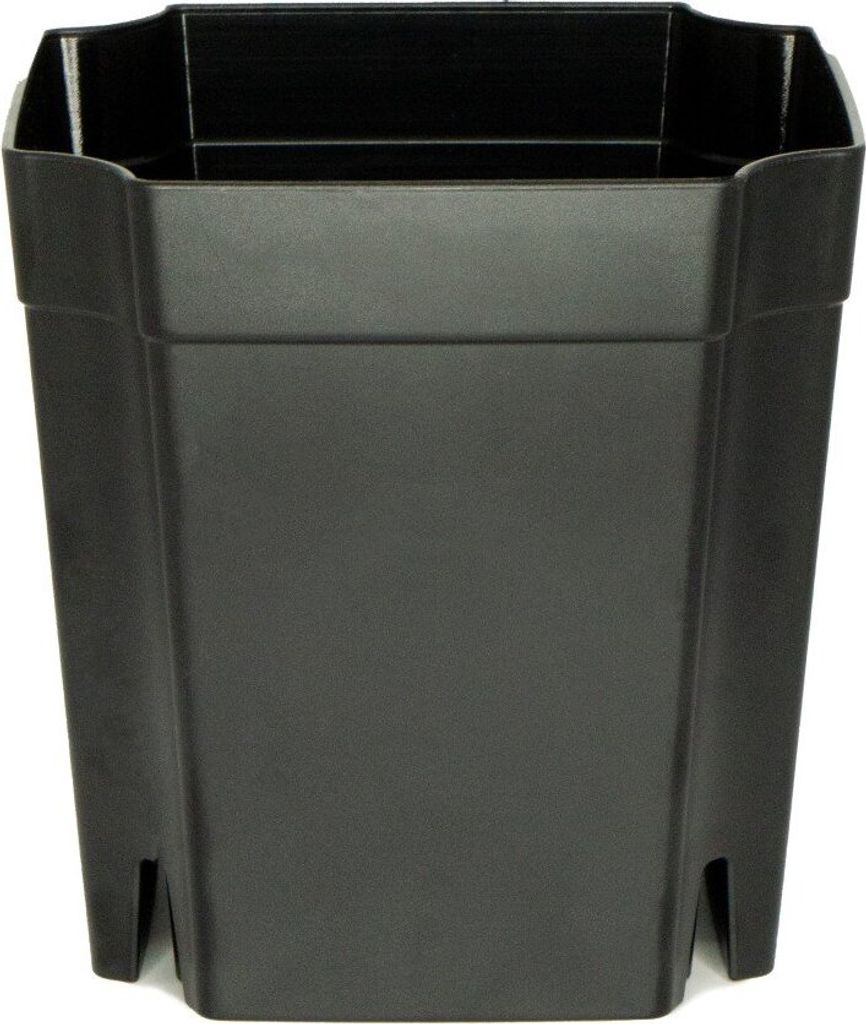 A black plastic plant pot is shown against a white background.