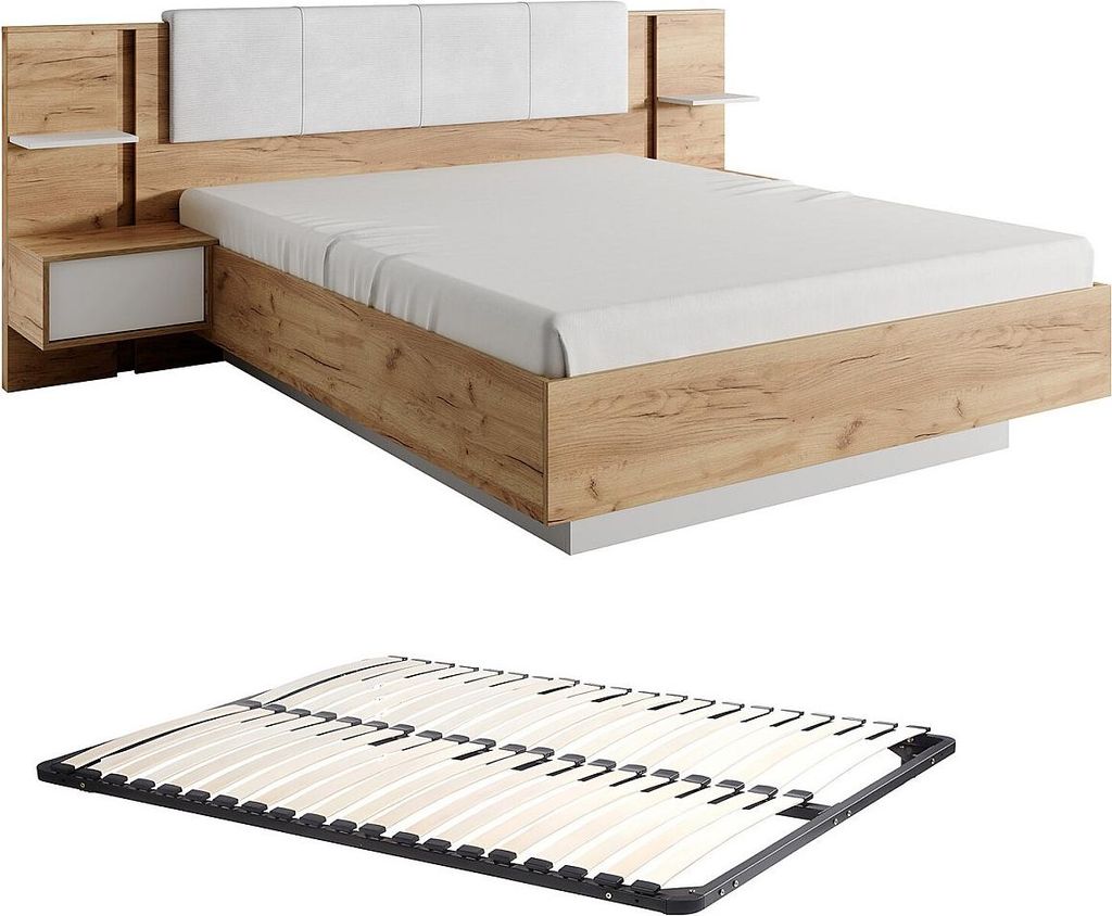 Bett mit Nachttischen 160 x 200 cm - Mit LED-Beleuchtung - Natur und weiß + Ständer - ELYNIA