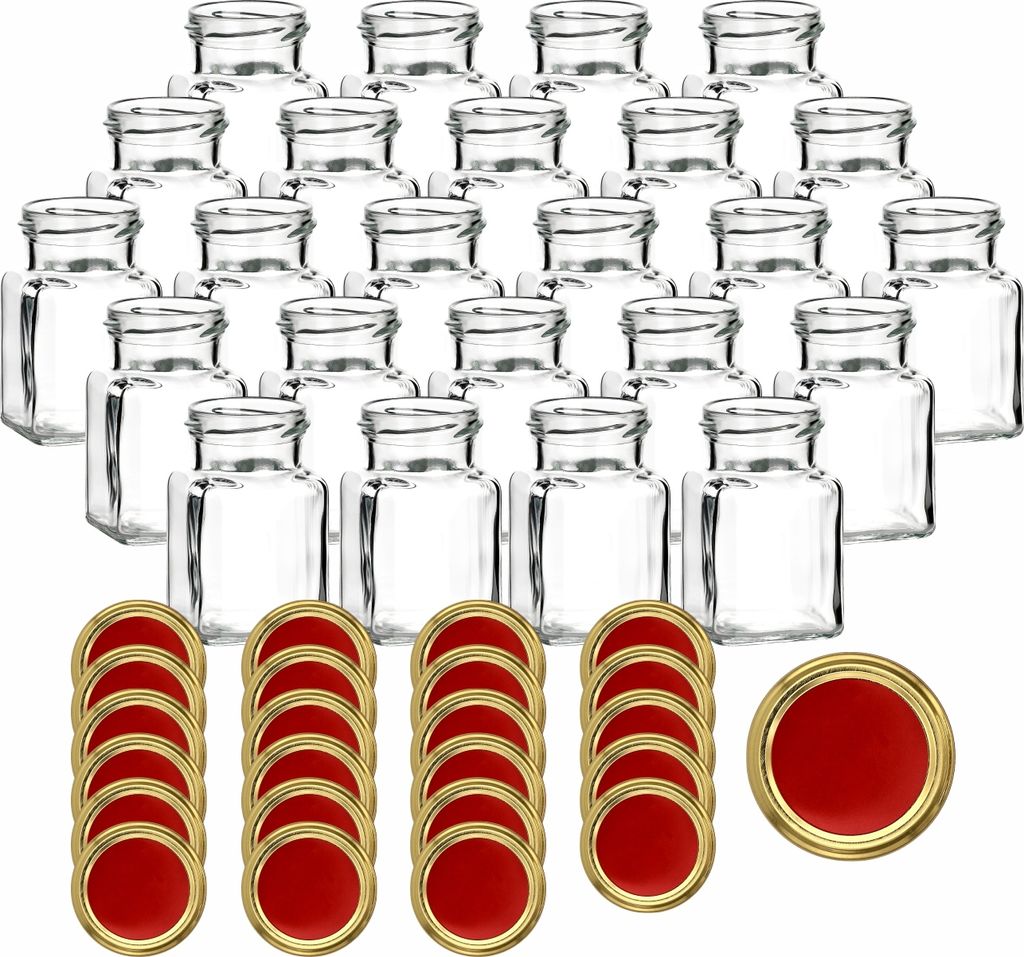 gouveo 24er Set Einmachgläser 150 ml eckig Schraubverschluss rot-gold - Kleines Vorratsglas mit Deckel für Gewürze, Marmelade