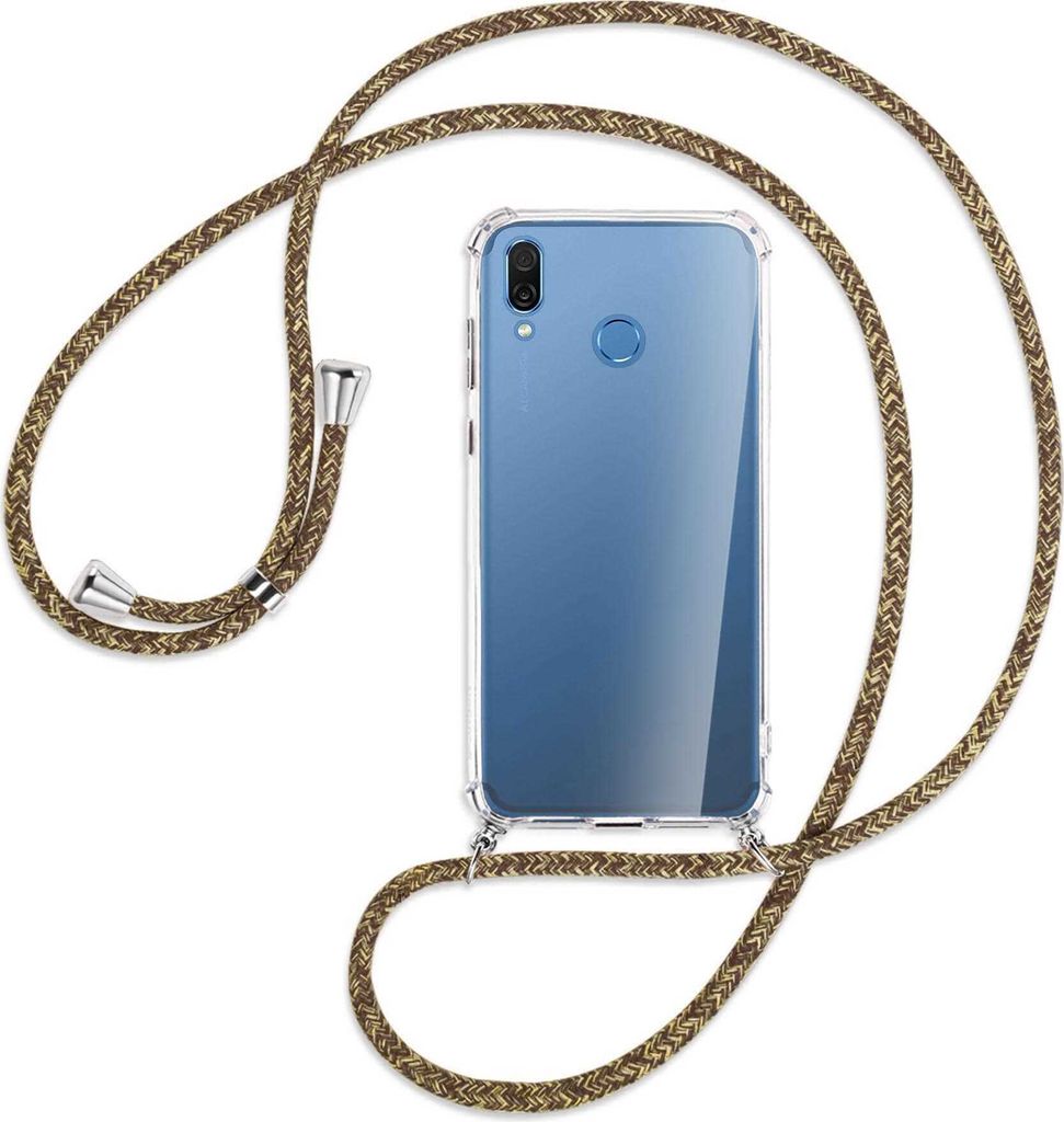 Handykette Backcover-Schutzhülle mit Band (Metall silberfarben) für Honor Play - braun+beige