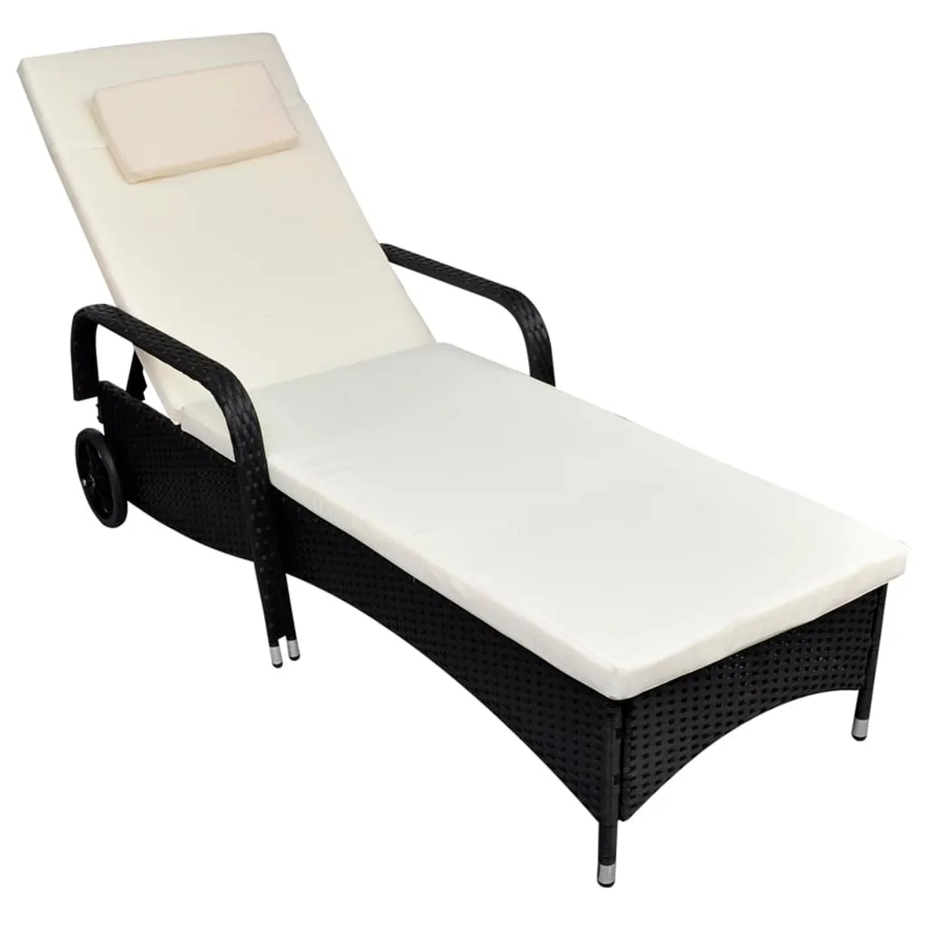 Transat de jardin noir avec roulettes et coussin moelleux en poly rotin