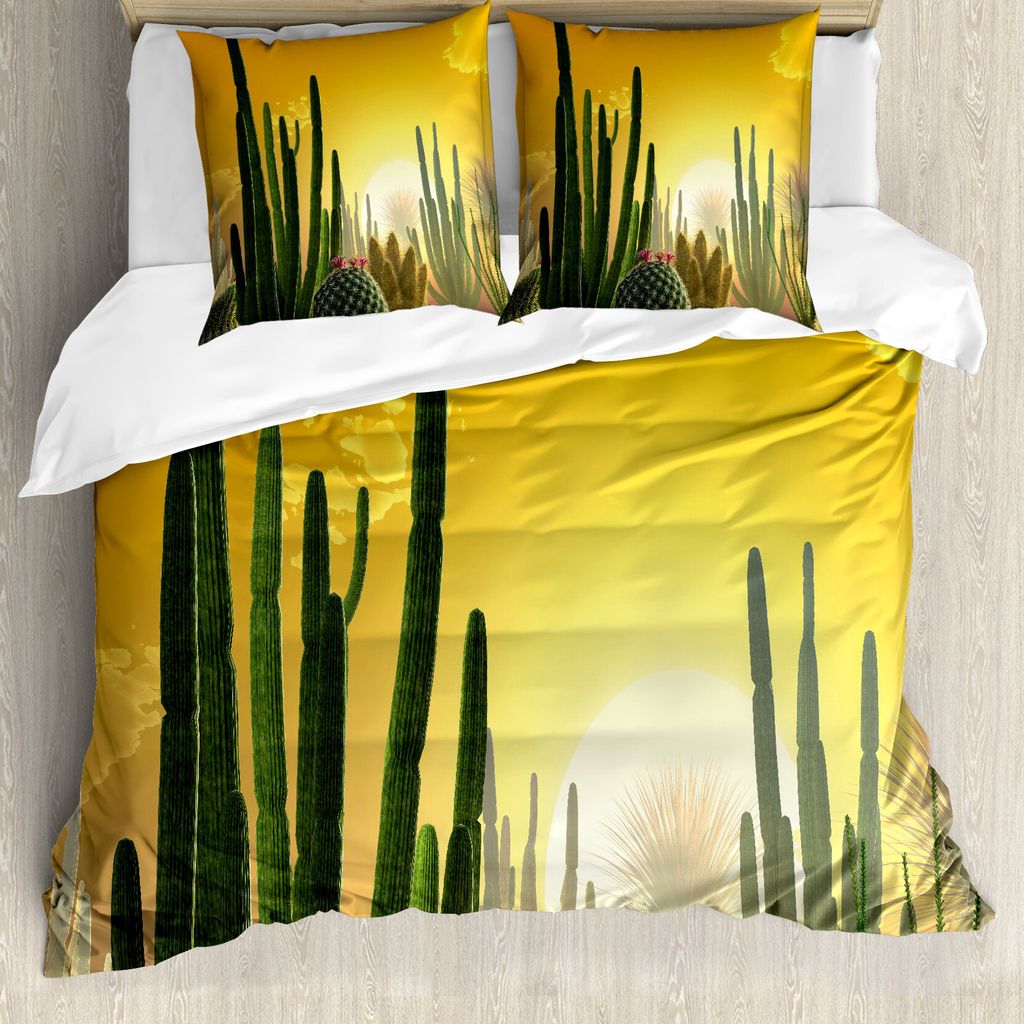 ABAKUHAUS Kaktus Bettbezug, Sunset Desert Ecology, Milbensicher Allergiker geeignet mit Kissenbezügen, 200 cm x 200 cm - 80 x 80 cm, Marigold Gelb...