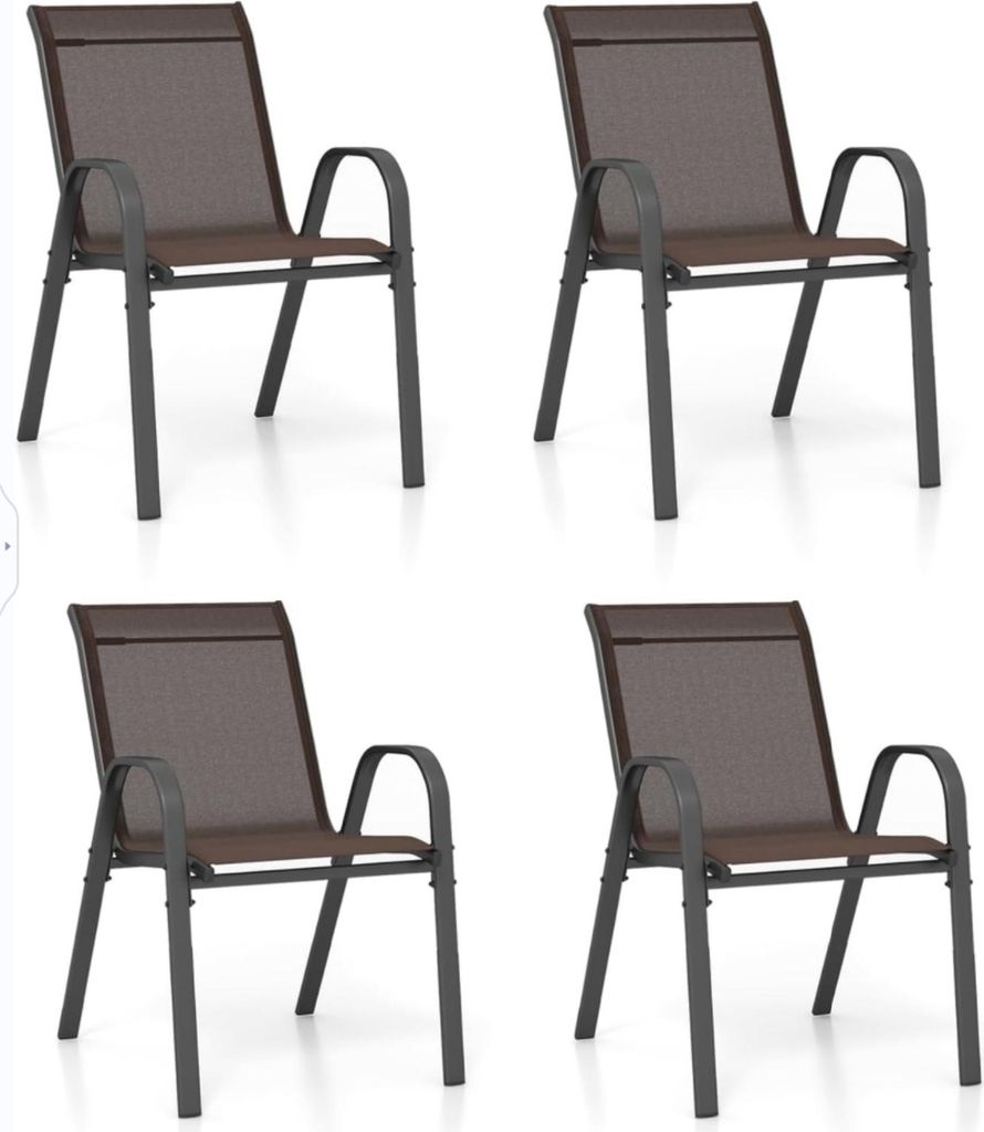 GOPLUS Gartenstühle 4er Set, Bistrostuhl stapelbar mit Rückenlehne Armlehne, Balkonstuhl aus Metall bis 150 kg belastbar, Braun