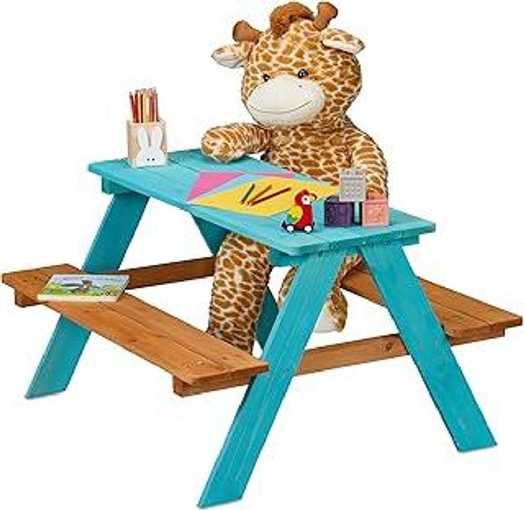 Kindersitzgarnitur Garten, Picknickbank, HBT: 51x90x78 cm, Kindersitzgruppe für 4 Kinder, Holz, blau/braun
