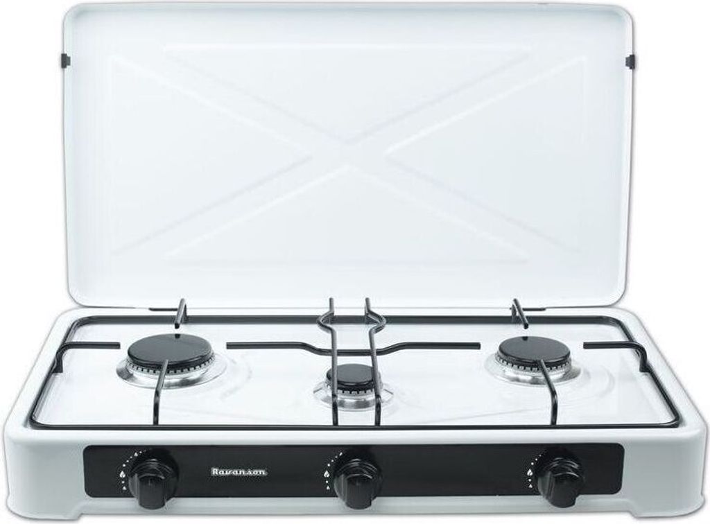 A white portable gas stove with three burners and a black control panel.