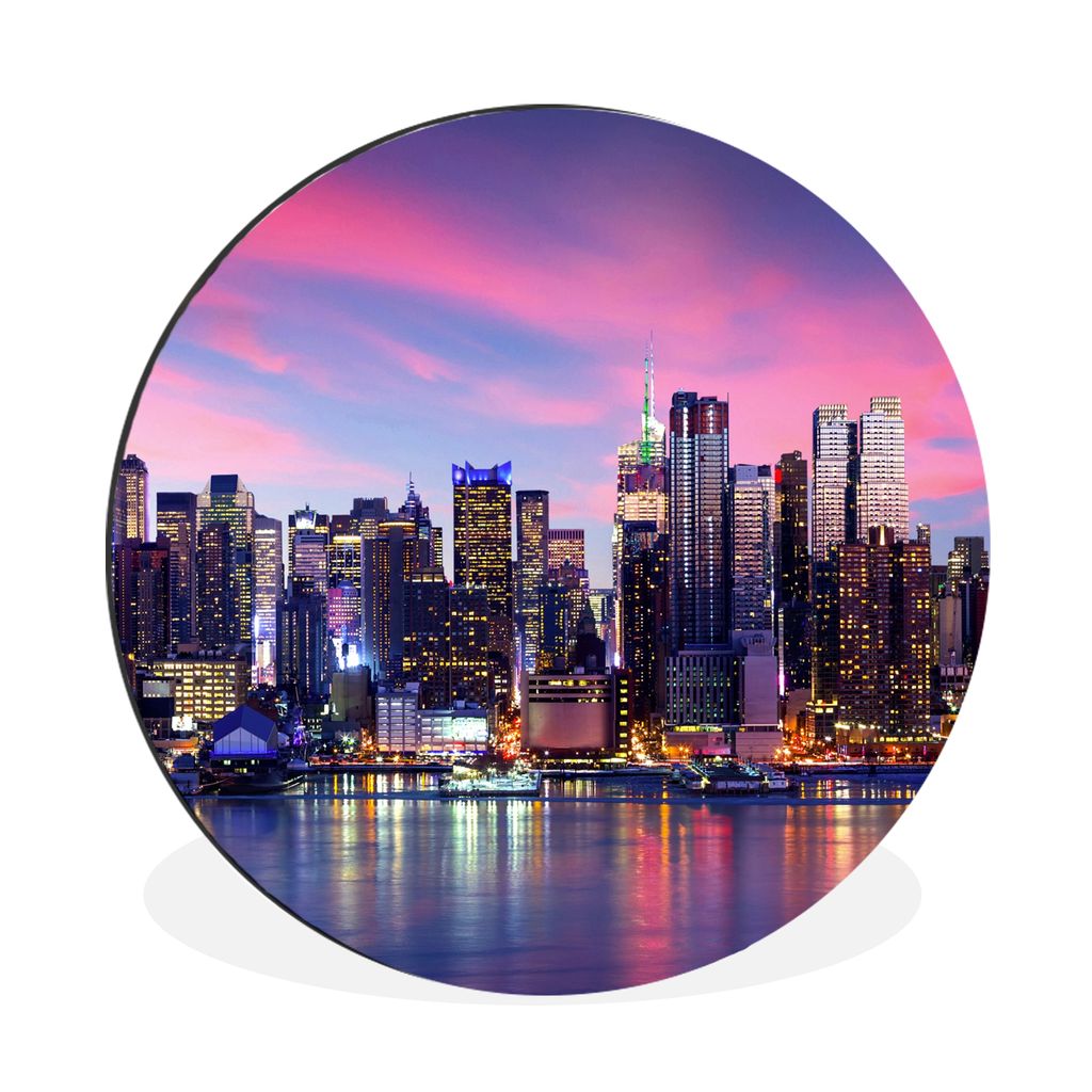 MuchoWow Aluminium Wandkreis Skyline - Wasser - Rosa - New York Ø 30 cm Wanddeko Modern Wohnzimmer - Wand Bild - Wohnzimmer - Runde Bilder - Alu...