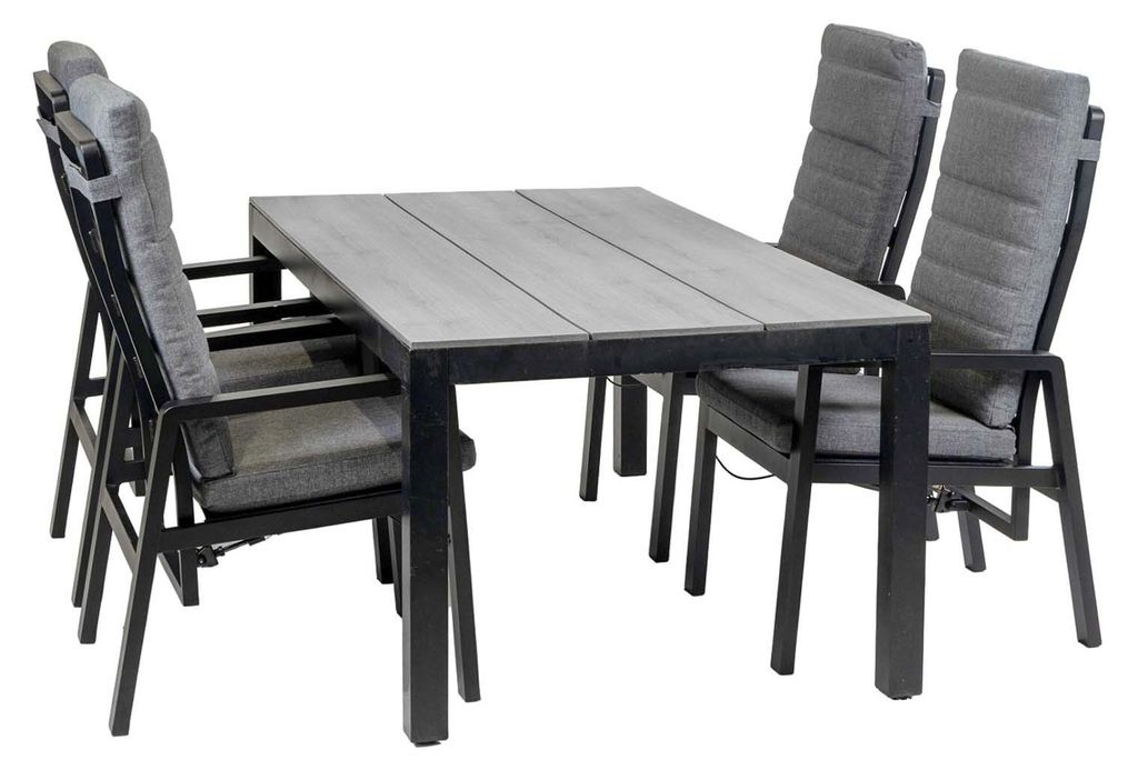 5-teiliges Garten-Set | 4 Berlin Gartenstühle (Schwarz) | Gartentisch Limasol 180x 100 cm (Grau)