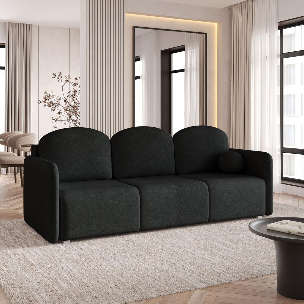 Sofa SUVI III mit Schlaffunktion, Schlafsofa, Wohnzimmersofa, Couch, Soffa, Bettsofa, Geflochtener Stoff – Schwarz NEVE 100