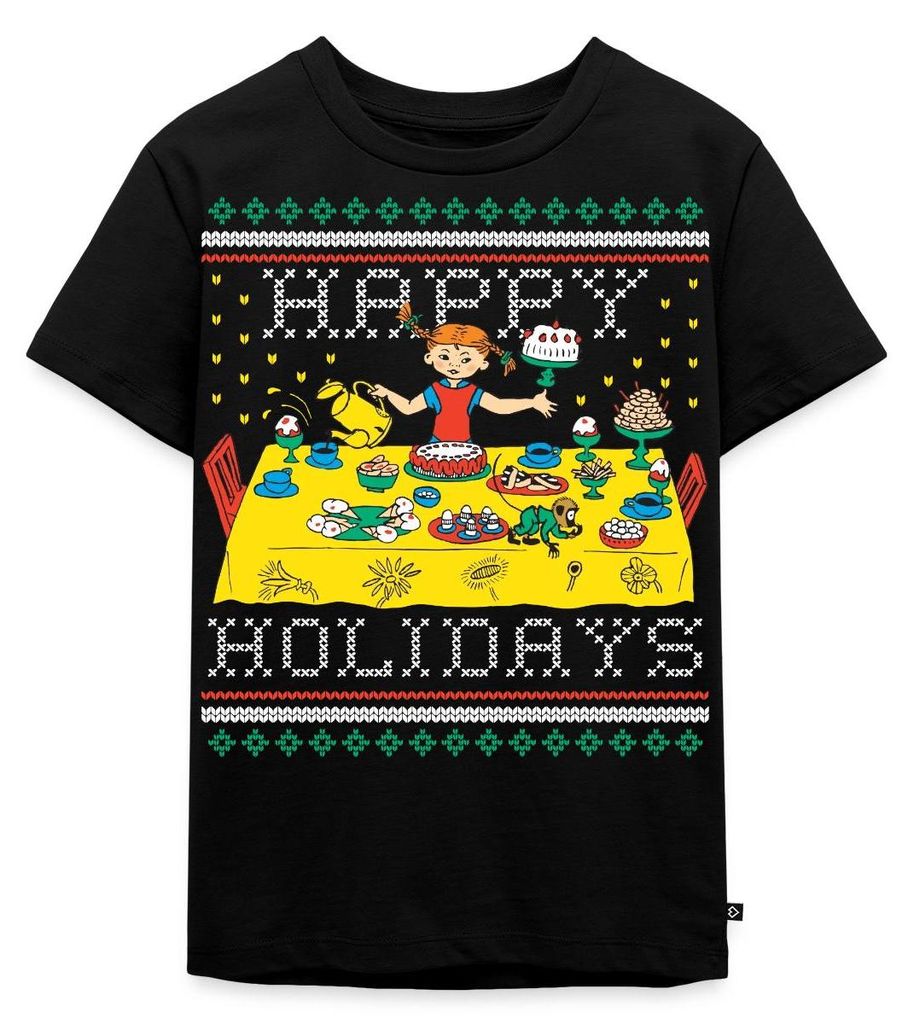 Spreadshirt Pippi Langstrumpf Happy Holidays Ugly Christmas Kinder Premium T-Shirt, 122/128 (6 Jahre), Schwarz