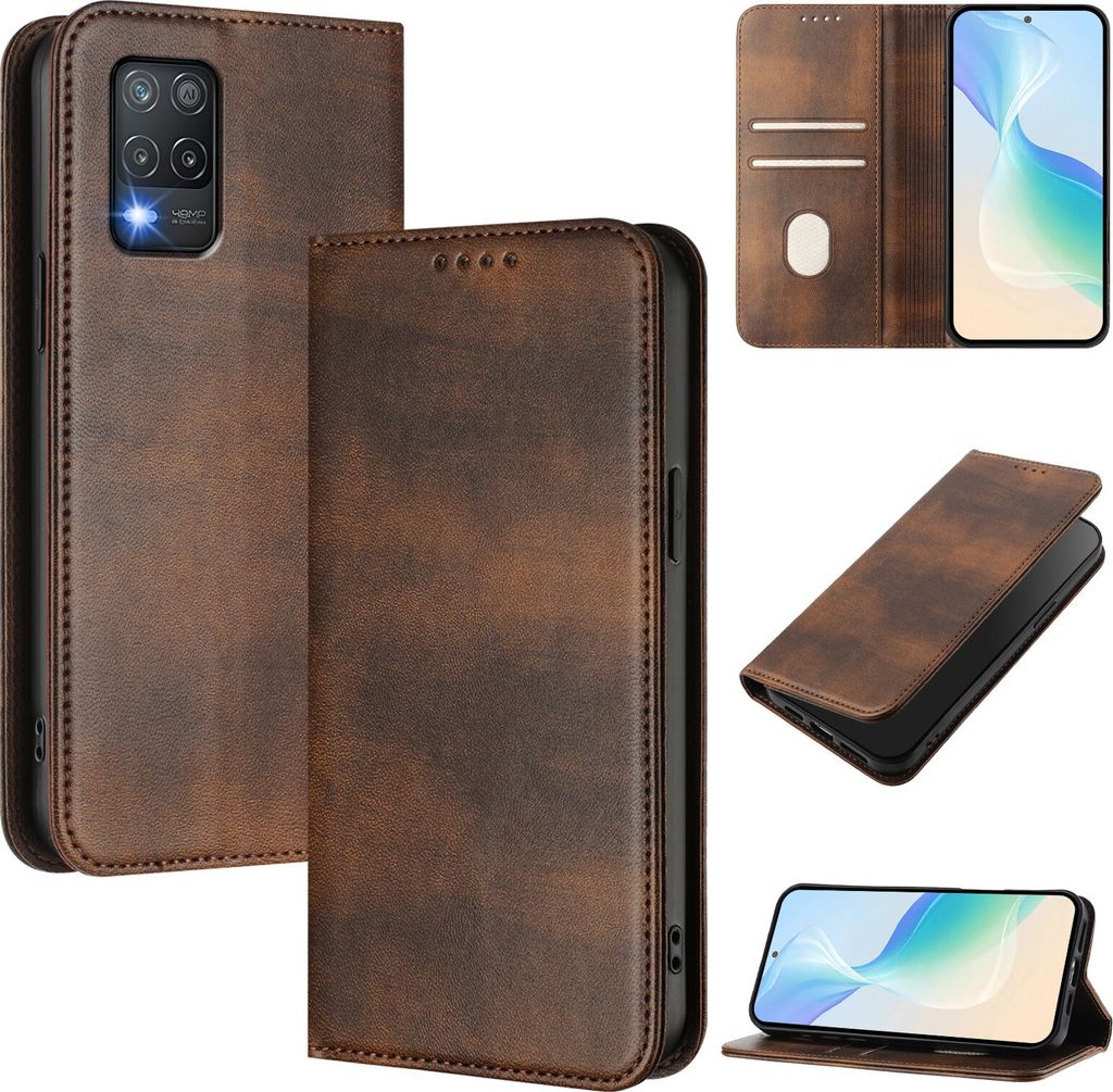 Handyhülle für Realme 8 5G, Vintage Leder RFID Schutz Kartenfach Standfunktion Magnetische Klapphülle Braun