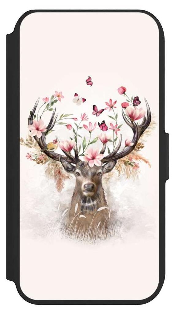 NIVOCASE Klapphülle für Apple iPhone 7 Handyhülle aus Kunst Leder NIVOflip schwarz Blumen Hirsch Tiere