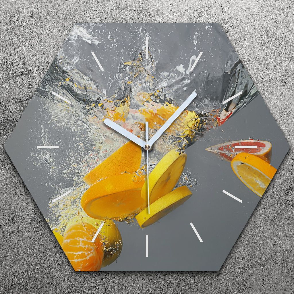 Uhr hexagonal 40 cm Glas Geräuschlos weiße Zeiger - Farbige Früchte