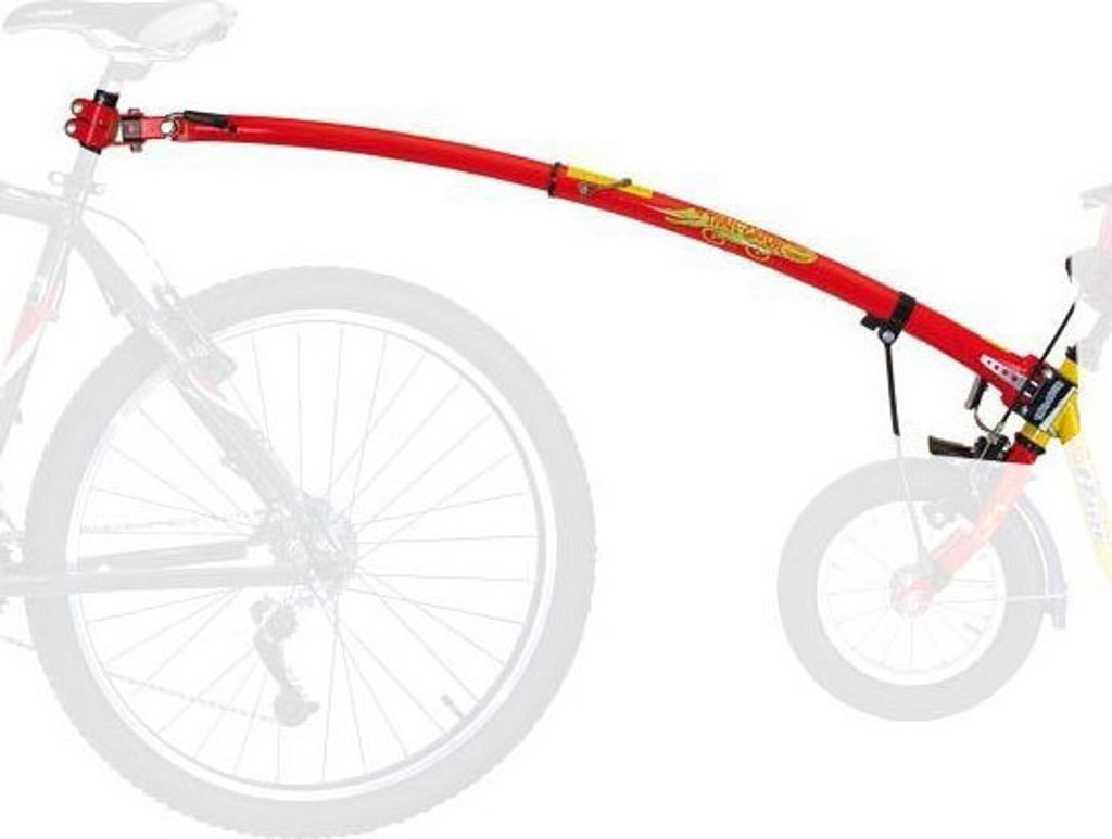 A red tandem bar attached to a bicycle, designed to connect to another bicycle.