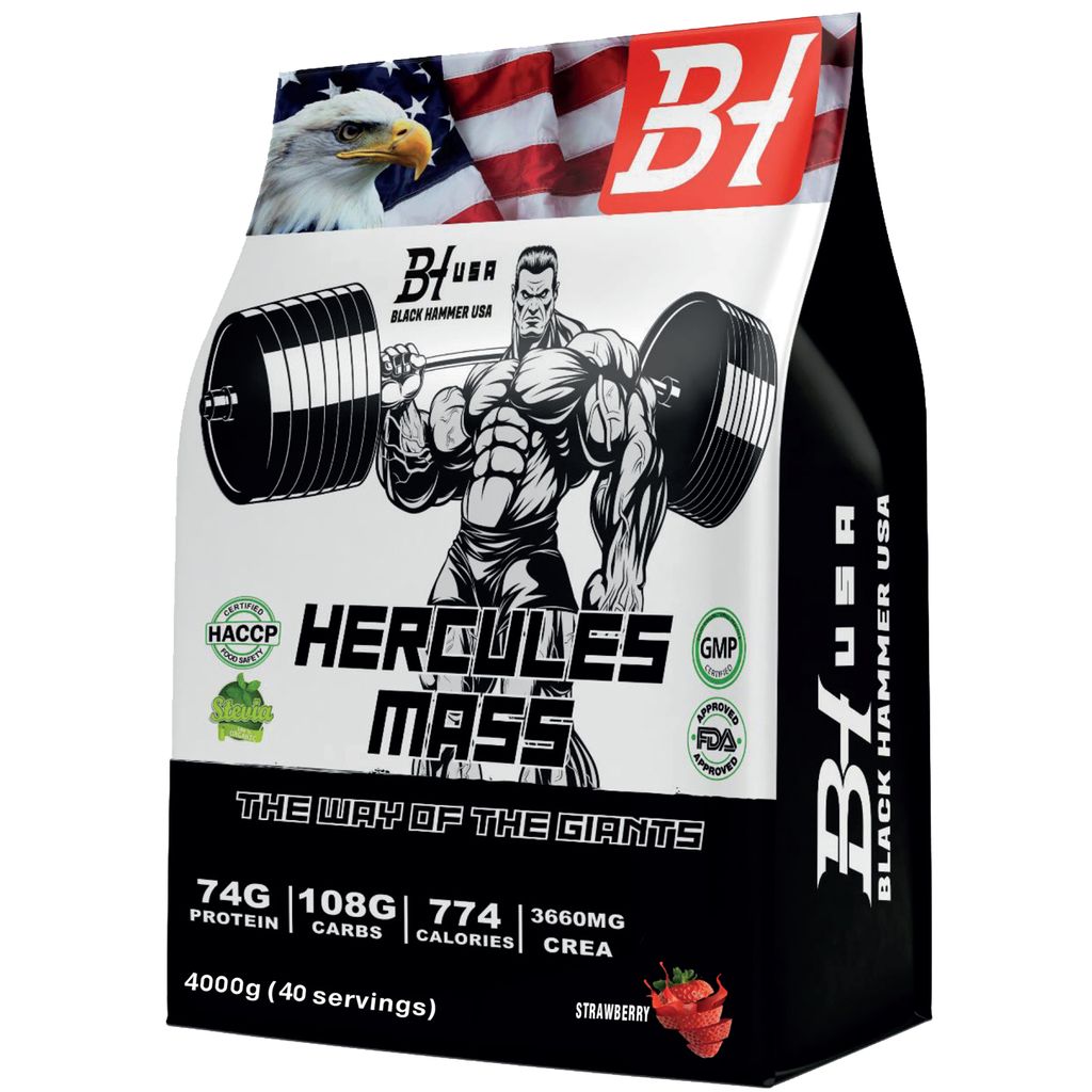 Hercules Mass Gainer 4000 g Erdbeere – 74 g Protein, 108 g Kohlenhydrate & 3660 mg Creatin Premium Formula für Fitness & Muskelaufbau Black Hamm...