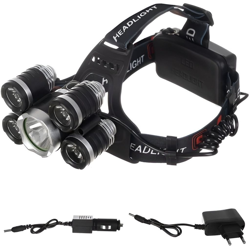 A black LED headlamp with multiple lights and its accessories (car charger and wall charger) are displayed against a white background.