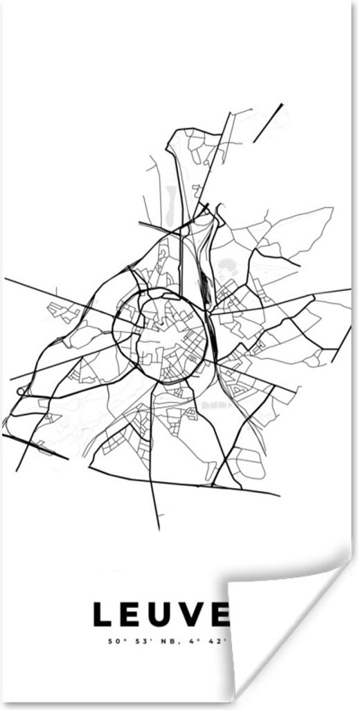 MuchoWow Poster Stadtplan - Schwarz und Weiß - Karte - Leuven - Belgien 80x160 cm - Kinderzimmer