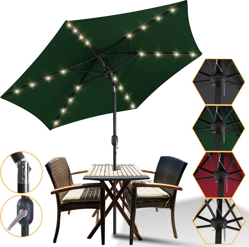 Bettizia Sonnenschirm Ø2.7m inkl. LED Gartenschirm 360° drehbar Terrassenschirm Ampelschirm Marktschirm Strandschirm - mit LED - Grün