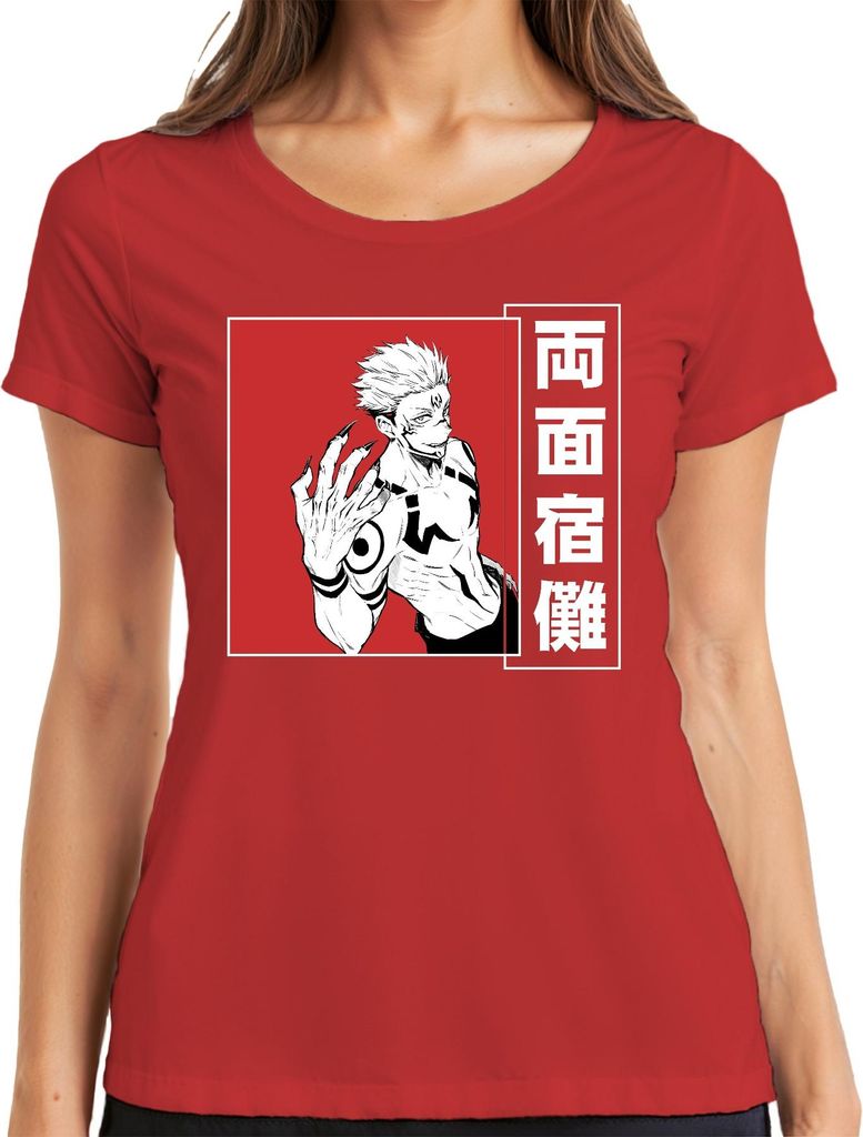 Ryomen Sukuna Jujutsu Kaisen Dämon Manga Anime Ästhetik düster rot Damen T-Shirt, Rot, XXL