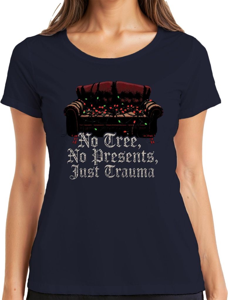 No Tree No Presents Just Trauma Weihnachten Sofa Lichterkette Damen T-Shirt, Navy, XXL