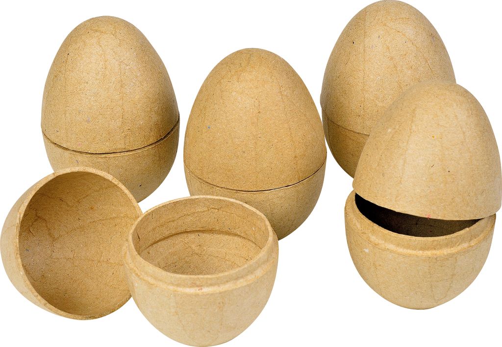 Several open and closed egg-shaped paper mache boxes are arranged on a white background.