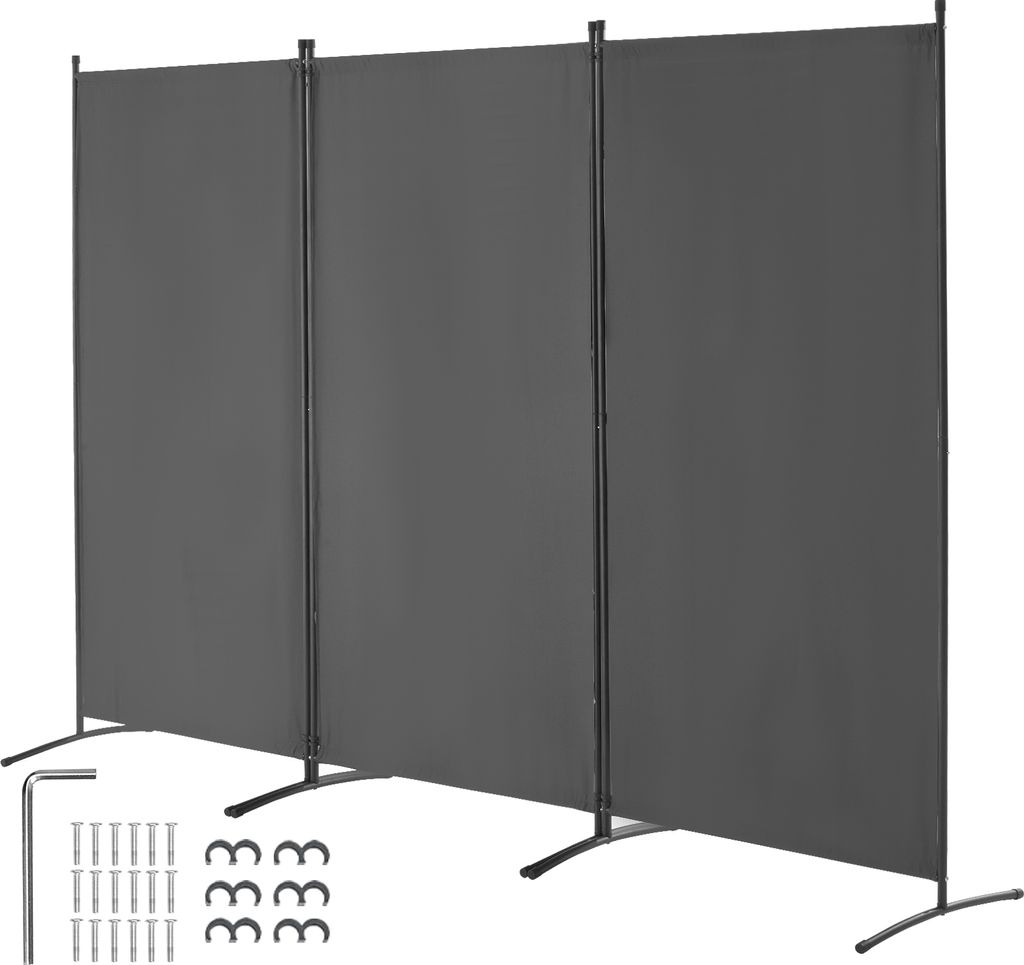 A three-panel room divider with metal frames and gray fabric panels, shown on a white background with some hardware accessories.