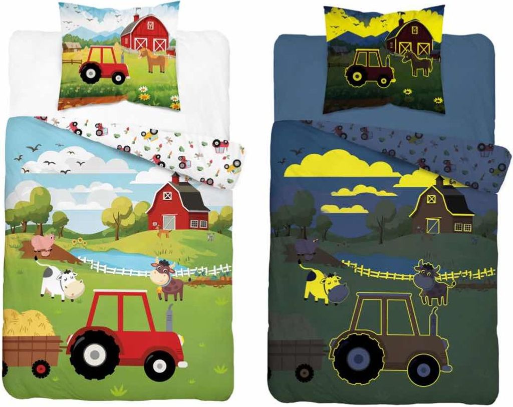 Two farm-themed duvet cover sets, one in daylight and one at night.