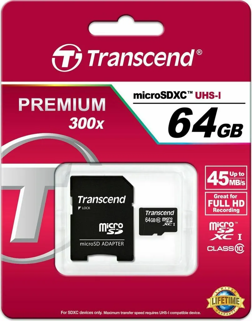 Carte micro SD 64 Go Transcend Class 10 Premium avec adaptateur SD - 4