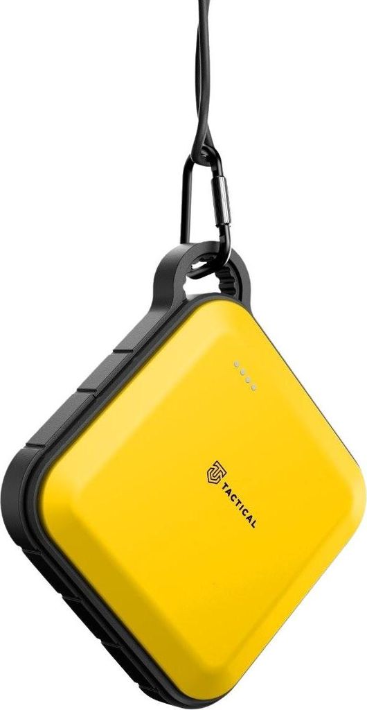 A yellow power bank with black accents is hanging from a black cord and carabiner.