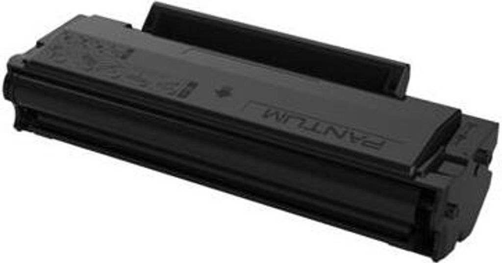 A black toner cartridge is shown from a diagonal angle against a white background.