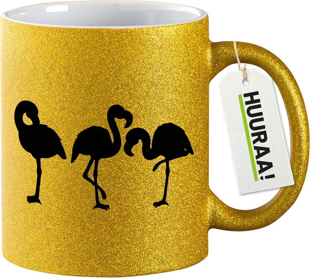 Huuraa Glitzertasse Flamingos Silhouette 330ml Gold Keramik Kaffeebecher Geschenkidee